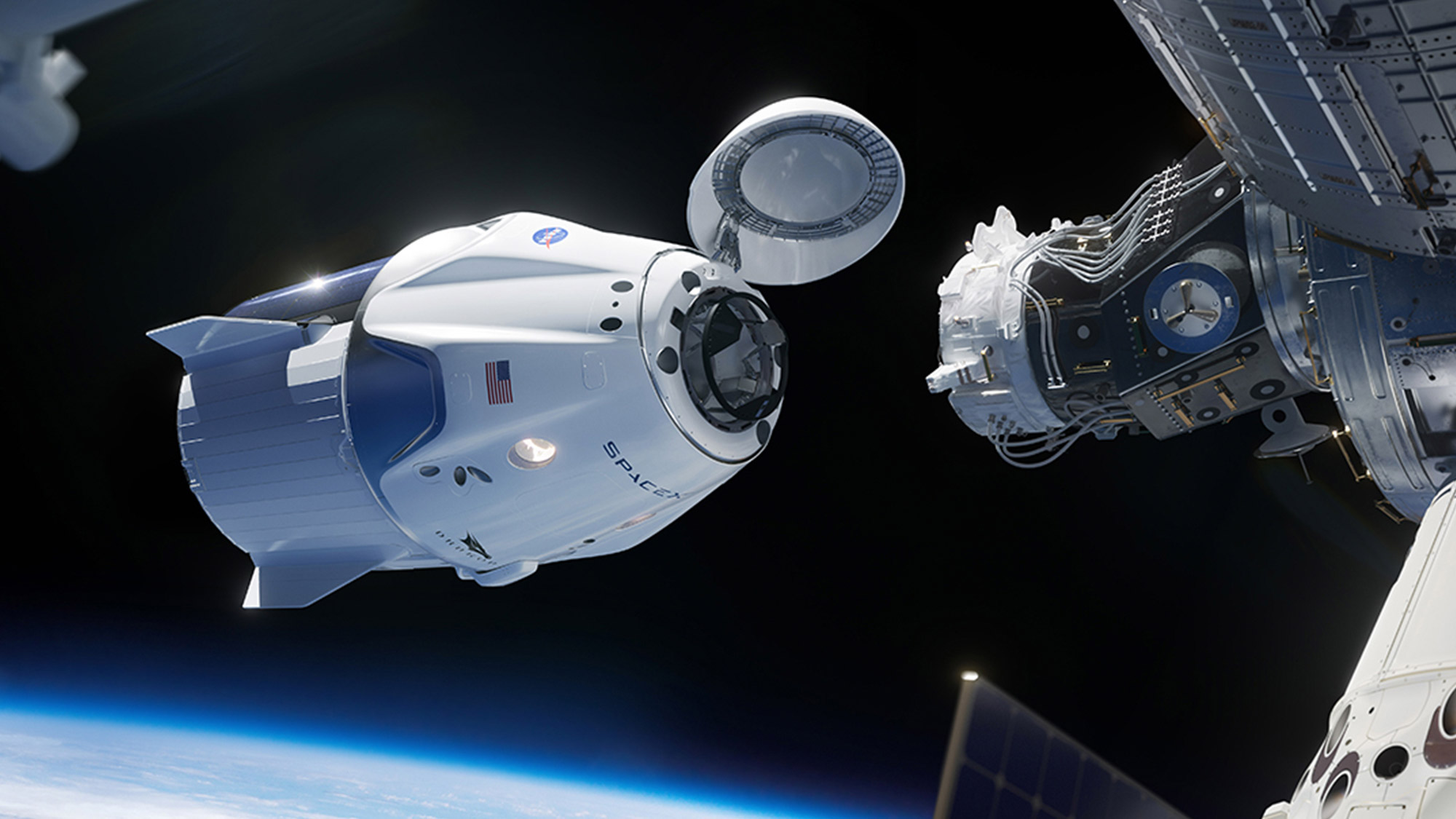 Ilustração do momento da acoplagem da nave com a estação ISS 